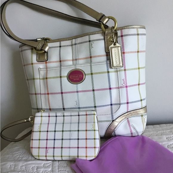 Coach Handbags - Coach Heritage Tattersall Signature Leather Shoulder Bag Purse, Wristlet & Dusty